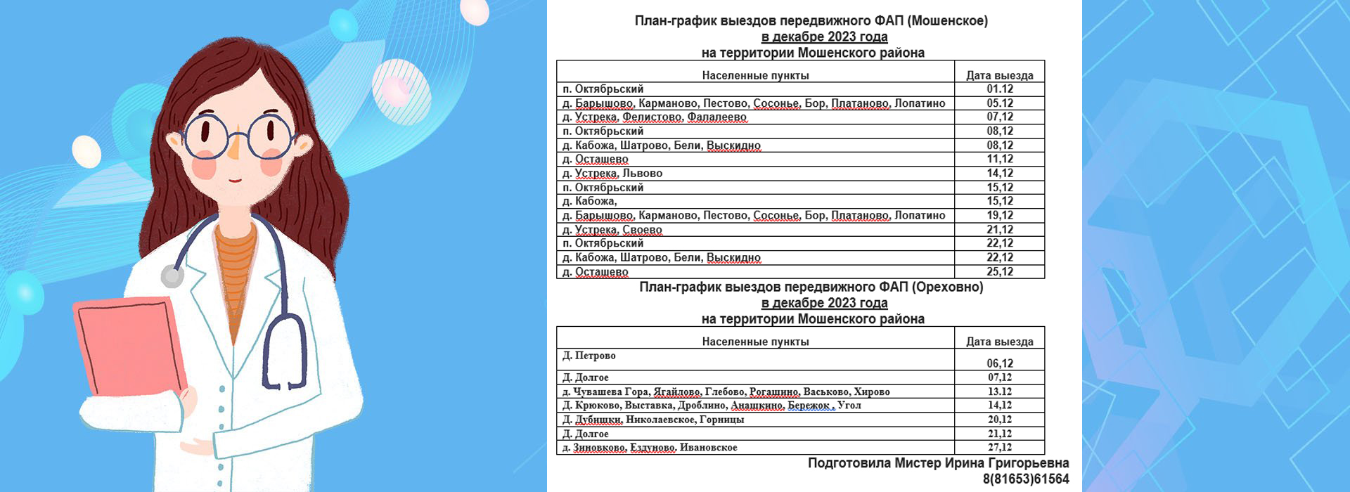 План-график выездов передвижного ФАП на декабрь 2023 года и январь 2024 года.