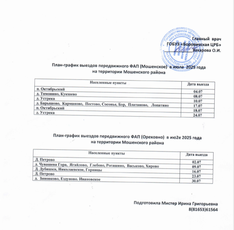 Предлагаем Вам ознакомиться с планом - графиком выездов передвижного ФАП -а на июль 2025 года на территории Мошенского округа..